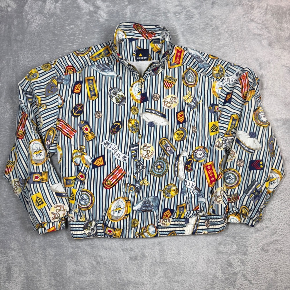 Vintage Lizsport Windbreaker Jacket Women M Multi Nautical Marine Print 90s